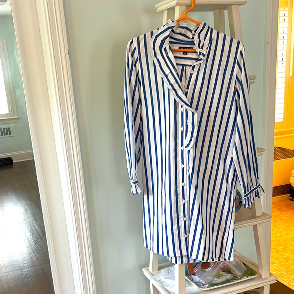 NWOT- J.Crew Blue and White Striped Ruffle Collar Shirt Dress